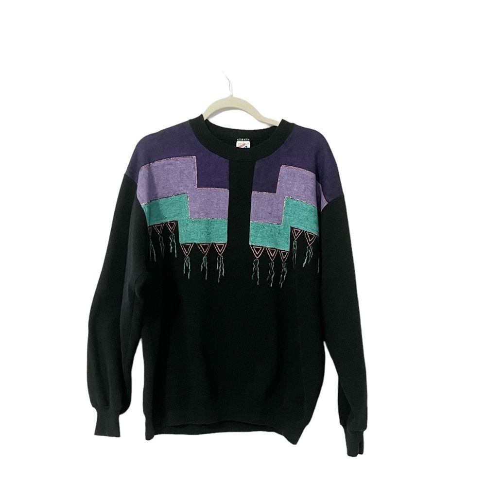 🟢Vintage Jerzees Black Crew Neck Sweater Pastel Print Size XL